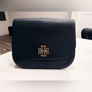 Tory Burch Britten Black Pebbled Leather Crossbody with Gold Logo flap